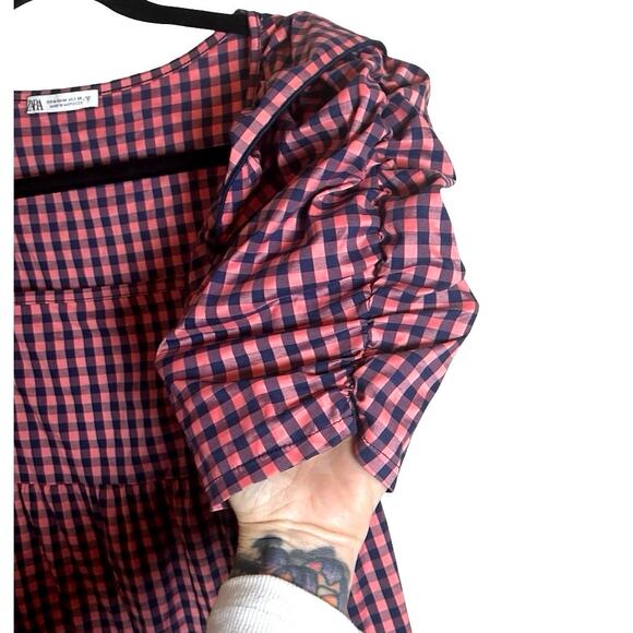 Zara Women’s Gingham Ruffle Prairie Midi Dress Pink/Navy Blue Size Medium - Picture 6 of 9